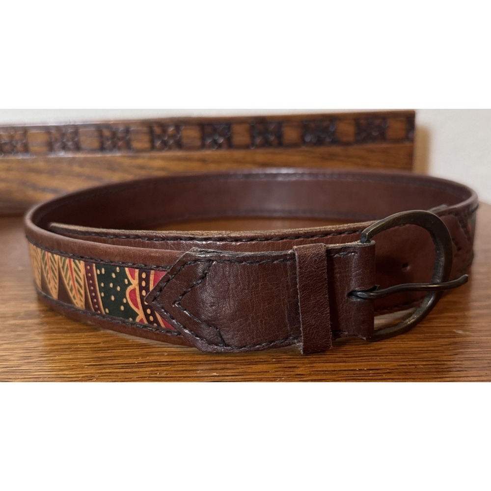 Putumayo Brown Leather Belt Medium Tribal Pattern 35.5" Boho Southwest Style